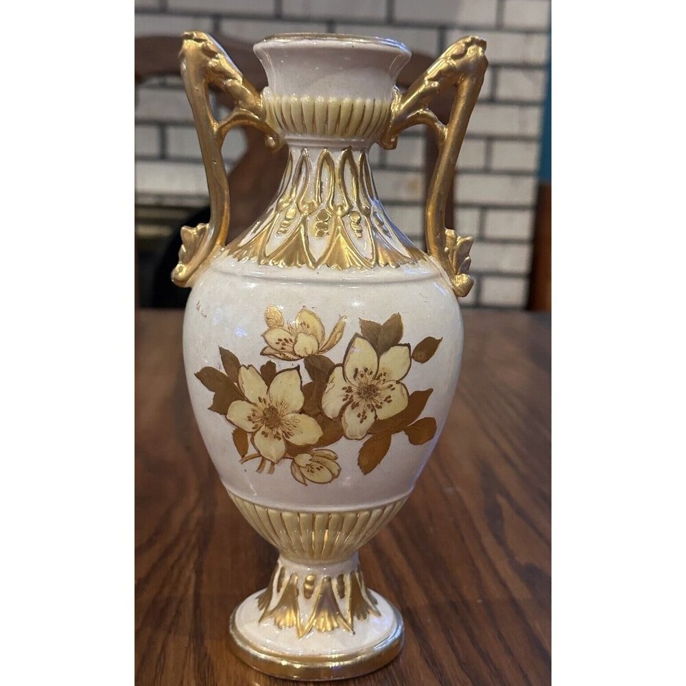 Vintage England Double Handle Gold White Yellow Floral Vase Handpainted